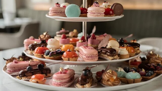 Closeup of tiered platters elegantly arranged with assorted patisserie desserts main object in sharp focus with soft blurred background enhancing the display ambiance.