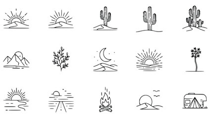 Minimalist desert landscape icons featuring mountains, cacti, sun, moon, and camping elements in simple line art style for design use © Ajoy