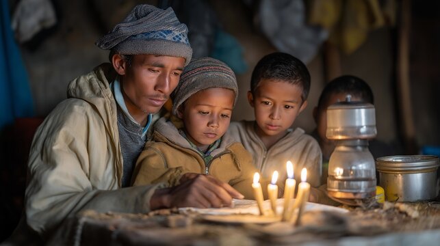 Mountain village homestay in Nepal where trekker improves Nepali fluency by teaching English to host family teenagers in reciprocal language exchange around kerosene lamp, perfect for mutual