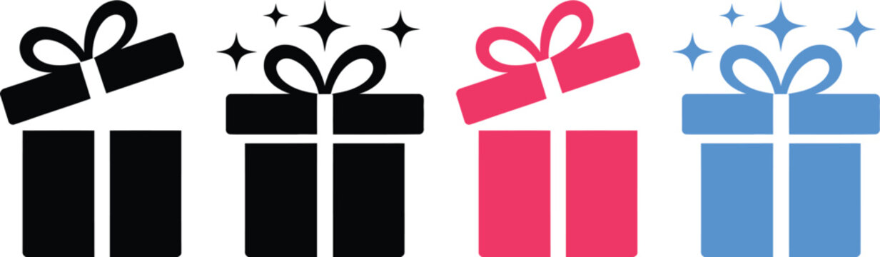 Four stylized gift boxes with varying decorative elements