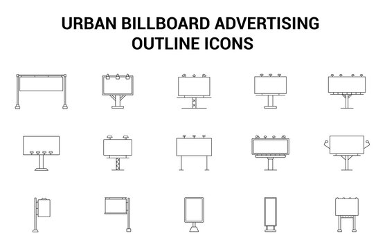 Urban Billboard Advertising Outline Icons with Poster Display and Outdoor Marketing Elements