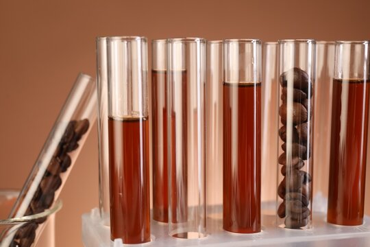 Tasty coffee and beans in test tubes on brown gradient background, closeup