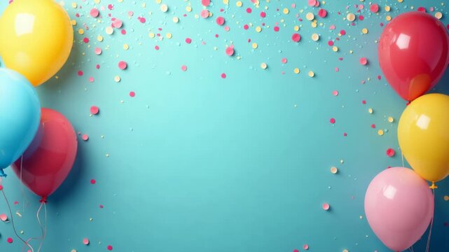 Festive background with colorful balloons and confetti on a vibrant blue backdrop. Perfect for celebrations, parties, invitations, and joyful events with space for text.