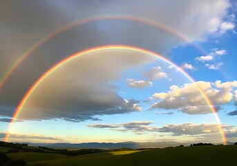 Obraz premium Vibrant double rainbow arches over lush green landscape with blue sky and white clouds