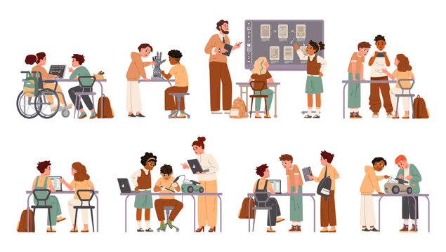Diverse school students working together on educational projects sitting at desk flat vector illustrations set isolated on white.