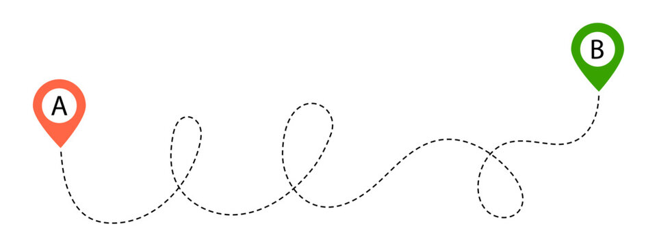 Squiggle dashed path line showing a route between two points, A and B vector illustration