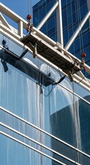 Naklejka premium Automated window washing machine cleaning skyscraper glass facade. Mechanical equipment suspended on high building for maintenance. External facade service for corporate office tower.