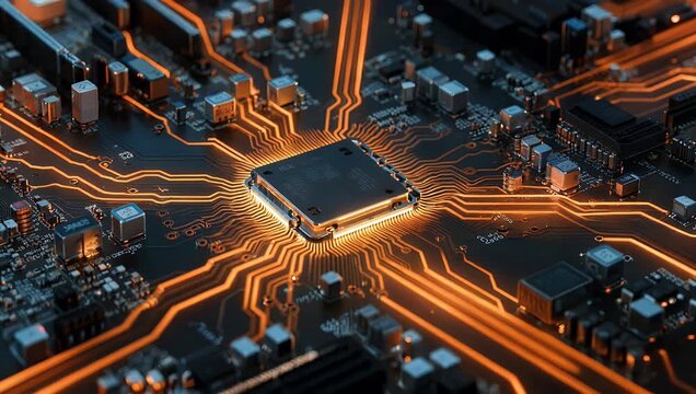 High tech close up of orange glowing circuit board with central processing unit CPU highlighting the intricate electrical pathways and complexity of modern computer hardware and electronics