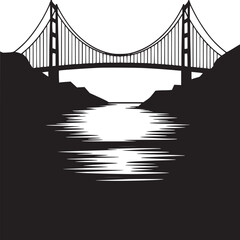 Fototapeta premium Silhouette of a suspension bridge crossing water between landmasses in black and white scenery