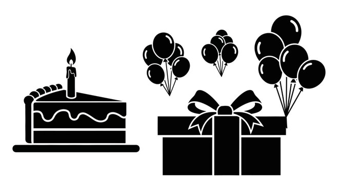 Birthday party and celebration vector icons set with cake slice, lit candle, balloons, and gift box silhouettes.