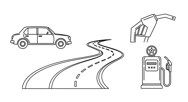 Transportation and Fuel Icons Set. Line art illustration of a car, winding road, gas pump nozzle, and retro fuel station.