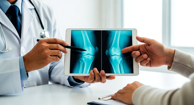Doctor using a digital tablet to show knee x-rays during a medical consultation.