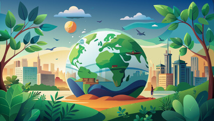 Naklejka premium Eco friendly globe, green environment, sustainable city, vector illustration