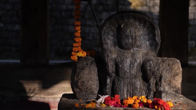 Close shot of Sacred deity inside temple in Kamru Nag, Himachal.