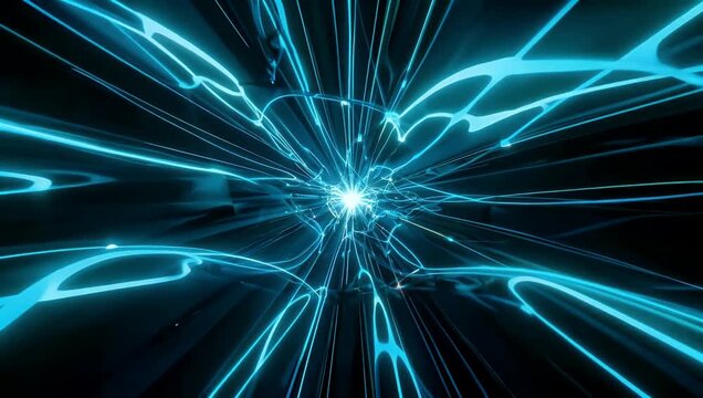 High tech 4K motion graphics overlay representing cyberspace globalization featuring complex network data transfer lines and digital technology patterns over black background for professional video