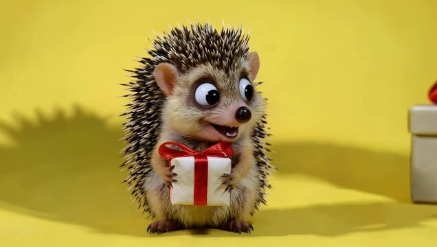 Cute cartoon animation of smiling hedgehog holding red ribboned gift on yellow background as another magical gift box appears beside him playful and charming sequence