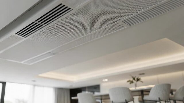 Closeup medium shot of integrated air filtration panels embedded into a contemporary dining ceiling with soft blurred furniture below.