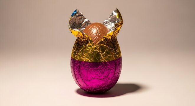 A colorful chocolate egg treat in open wrapper, creating enticing display. The foil wrapping reveals a delicious chocolate orb and the egg itself, making for an enjoyable moment