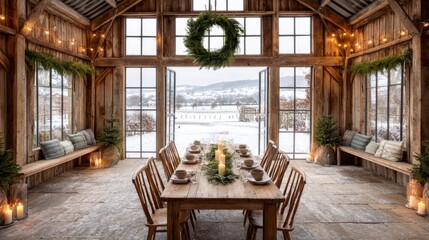Fototapeta premium Cozy Countryside Dining Hall Decorated for Winter Celebration Gathering