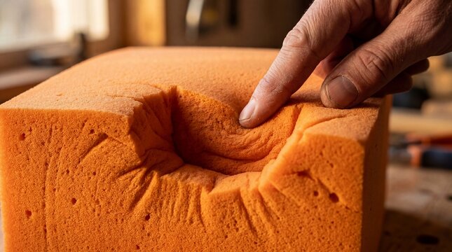 Person pressing finger into dense orange memory foam material