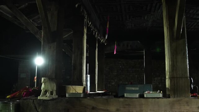 Night shot of Kamru Nag temple in Himalayan mountains.
