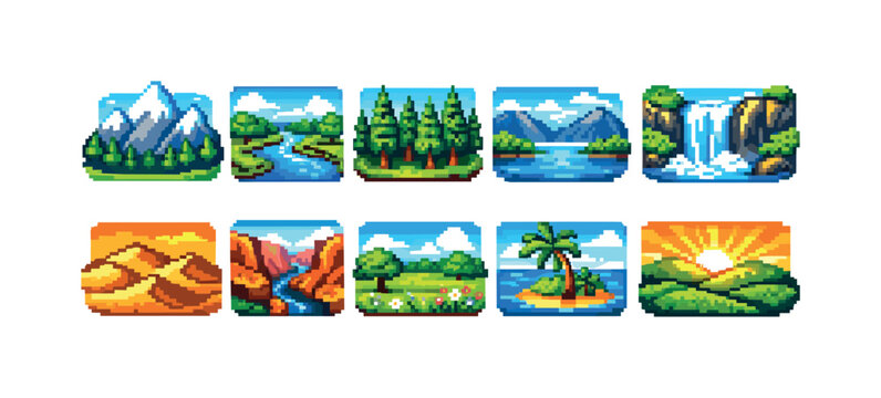 Collection of pixel art landscapes featuring diverse natural environments and weather
