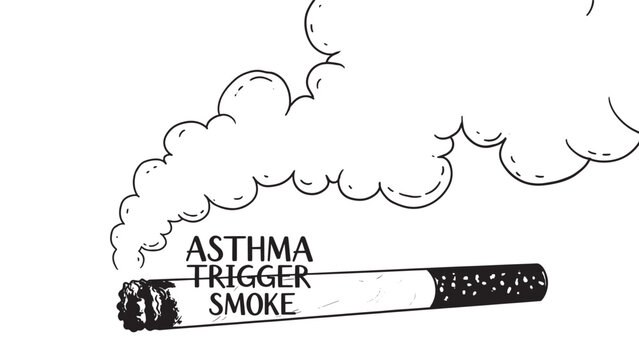 Close-up of an asthma inhaler with smoke and clouds in the background.