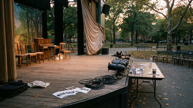 Outdoor stage with wooden floor chairs piano theatrical lights and seating in a park