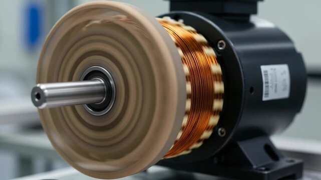 Electric motor with rotating rotor and copper winding in factory  