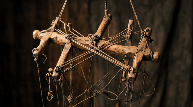 Wooden Marionette Control Bar with Attached Strings