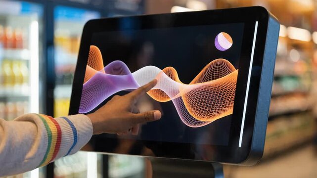 Medium shot of a digital retail terminal displaying a futuristic CBDC wallet interface with a users hand interacting background blurred to emphasize the screen details.