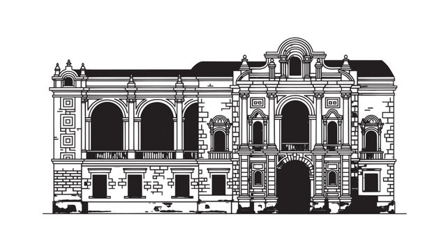 Ornate historic building facade with arches and decorative stonework illustrated in black and white.