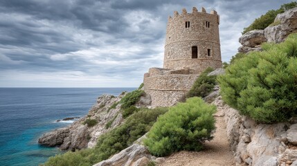 Fototapeta premium Historic Watchtower Overlooking Rugged Cliffs and Serene Ocean Waters