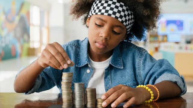 Medium shot of a kid exploring a bank branch youth section focusing on stacks of coins and colorful visuals blurred in the background.