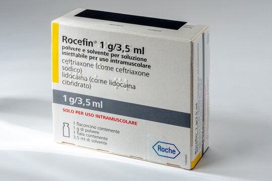 Italy &ndash; March 24, 2026: Rocefin Roche 1 g-3.5 ml  a ceftriaxone-based antibiotic for intramuscular use. Package containing a vial of the drug and a vial of solvent with lidocaine