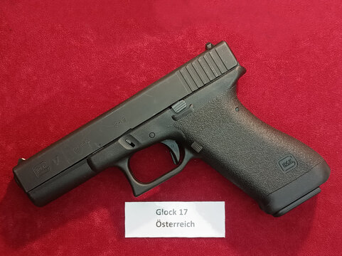 Austria, Vienna, 26 October, 2025, Glock 17 Austrian pistol displayed at exhibition