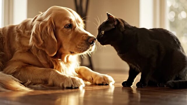 This captures a heartwarming moment of a golden retriever dog and a black cat interacting with each other on a wooden floor in a cozy room with natural light, showcasing their unique bond and