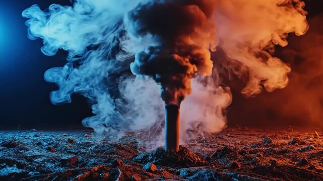 Single cigarette emitting thick smoke in dual lighting atmosphere