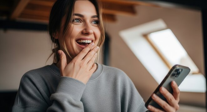 Cheerful young woman holding a smartphone and smiling with a surprised face expression. Concept of receiving a lucky message, online success, and positive mobile experience.