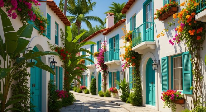Mediterranean street with white houses and turquoise shutters, charming coastal village alley with blooming bougainvillea, tropical resort architecture
