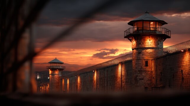 Dramatic Sunset Over Towering Prison Walls with Watch Towers at Dusk