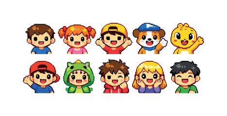 Obraz premium Collection of cute pixel art characters including children and animals waving hello