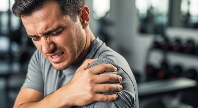 Man feeling sharp shoulder pain during workout in gym. Male athlete holding painful joint after injury or muscle strain. Sports trauma, physical therapy and healthcare concept. Professional.