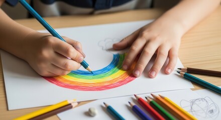 Naklejka premium Close up of child hands drawing colorful rainbow with pencils on white paper. Creative development, art education and preschool hobby concept for children.