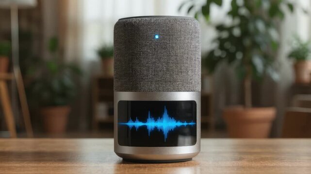 Medium shot of a smart speaker with glowing microphone icon and blurred background showcasing voiceactivated search interface and waveform animation on device screen.
