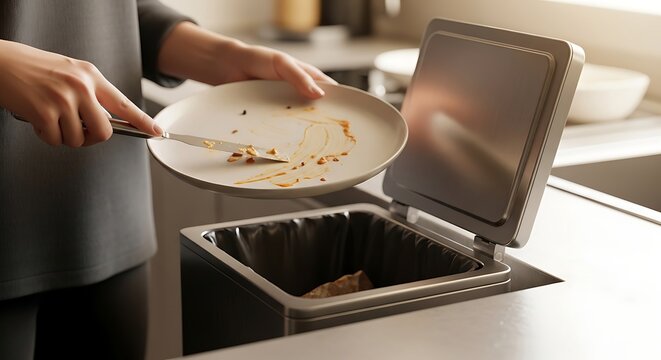 Person scraping food scraps from a plate into a kitchen compost bin or trash can