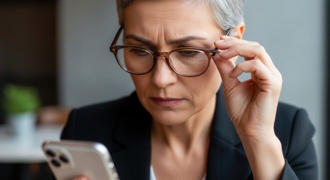 Senior business woman in glasses looking closely at smartphone screen with serious concerned expression. Mature female executive checking financial data or reading bad news on mobile.
