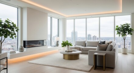 Fototapeta premium Modern Apartment Living Room With Fireplace And City Views