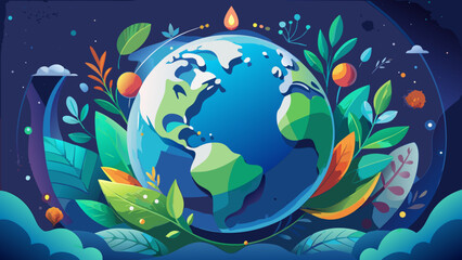 Naklejka premium Vector illustration of Earth surrounded by leaves and eco-friendly icons