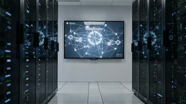 Medium shot of server racks glowing with LED lights blurred background featuring blockchain network map on large monitor symbolizing distributed ledger test environment.